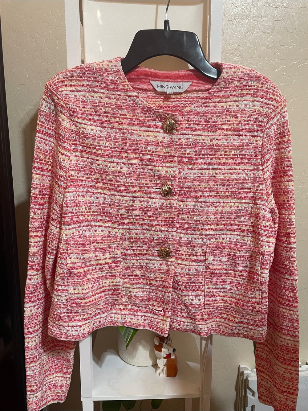 Ming Wang Pink and Cream Tweed Blazer with Gold Buttons